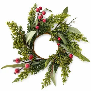 Christmas Evergreen Candle Ring with Red Frosted Berries Christmas Evergreen Candle Ring with Red Frosted Berries