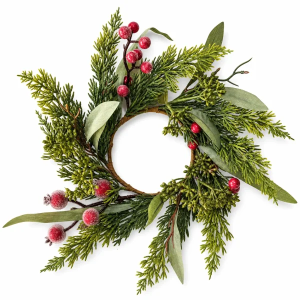 Christmas Evergreen Candle Ring with Red Frosted Berries