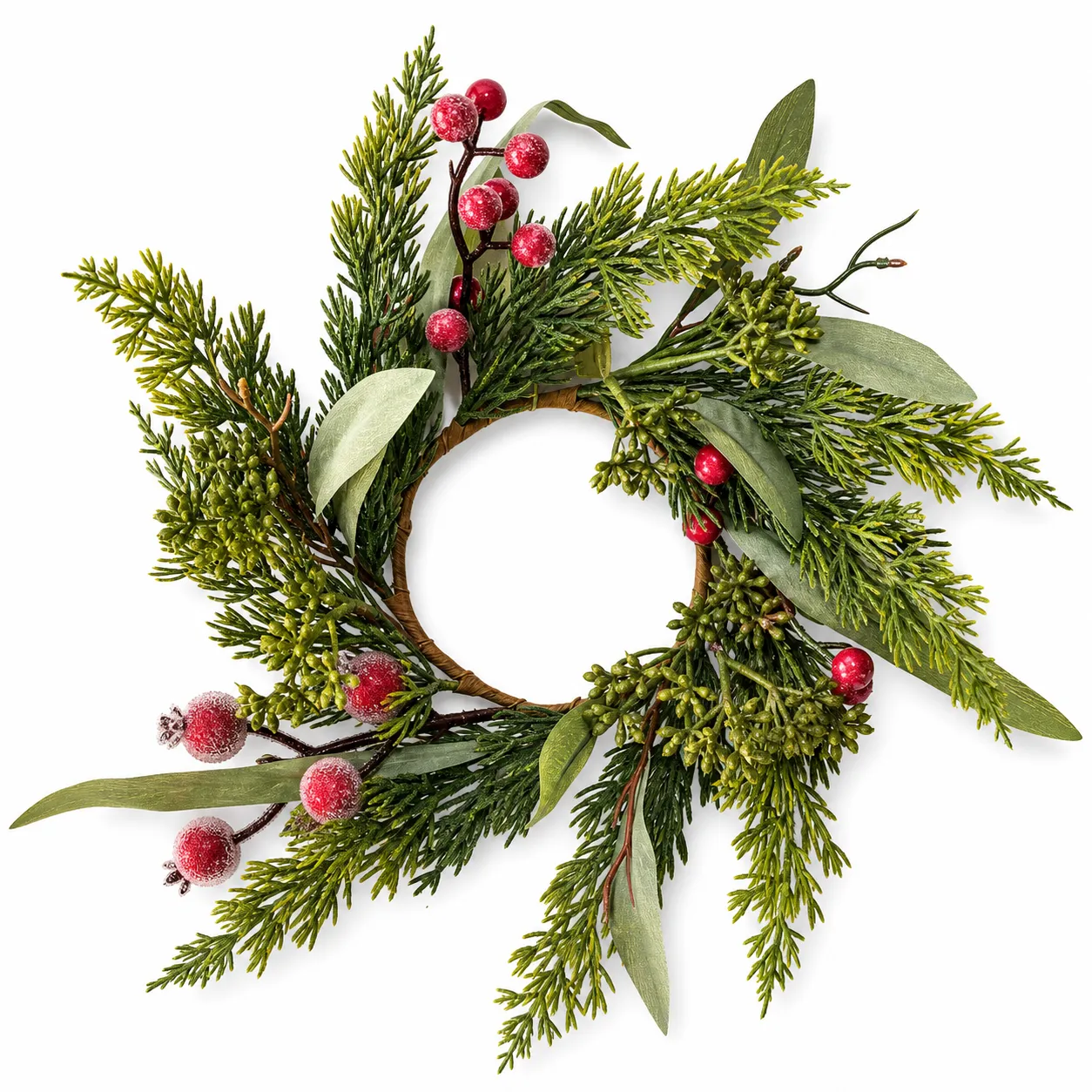 Christmas Evergreen Candle Ring with Red Frosted Berries Christmas Evergreen Candle Ring with Red Frosted Berries