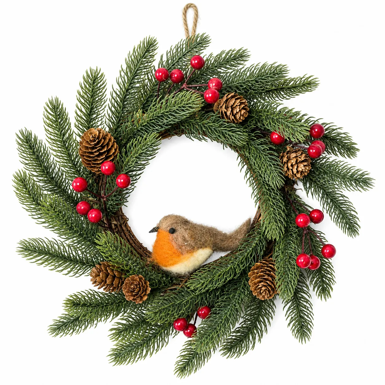 Christmas Evergreen Wreath with Bird Berries and Pinecones