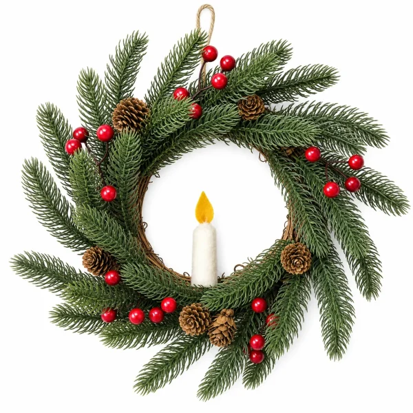Christmas Evergreen Wreath with Candle, Berries and Pinecones