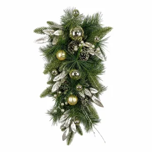 Christmas Teardrop Swag Wreath with Silver Gold Ornaments Christmas Teardrop Swag Wreath with Silver Gold Ornaments