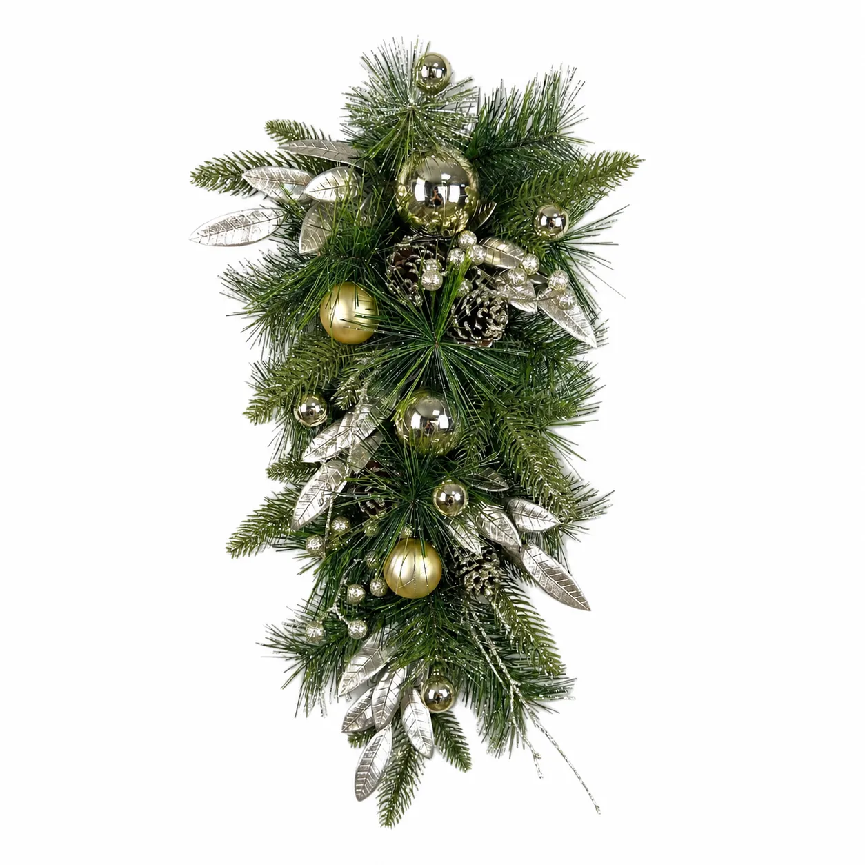 Christmas Teardrop Swag Wreath with Silver Gold Ornaments Christmas Teardrop Swag Wreath with Silver Gold Ornaments