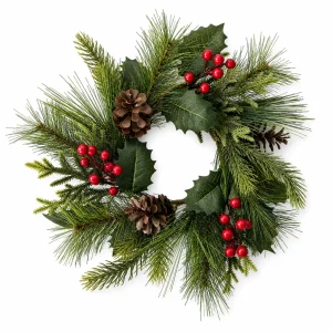 Christmas Candle Ring with Red Berries Pinecones and Holly Leaves