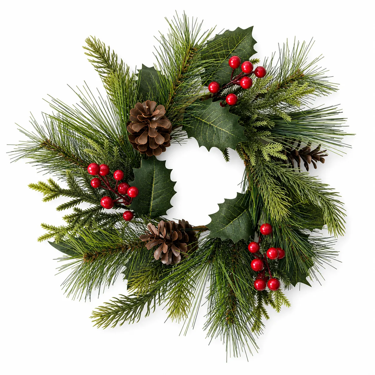 Christmas Candle Ring with Red Berries Pinecones and Holly Leaves