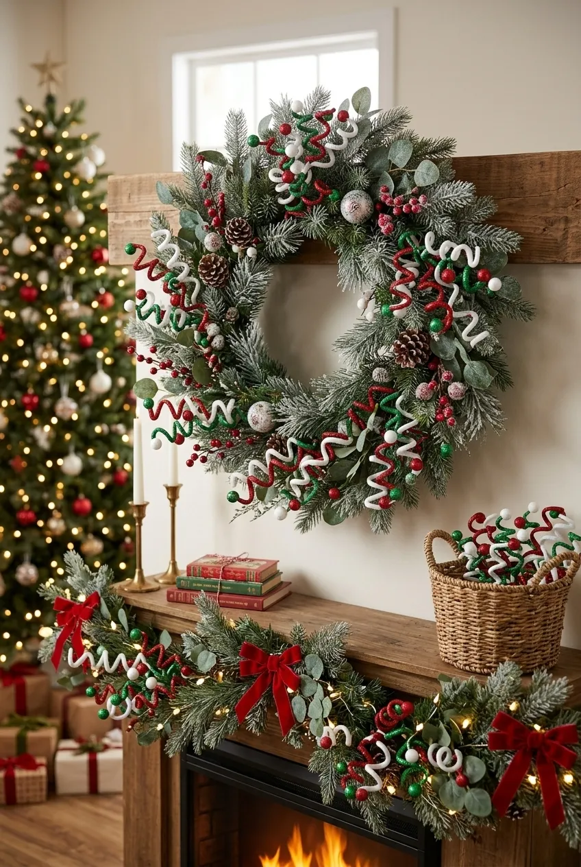 DIY Christmas wreath and garland filler ideas using 1.38 ft artificial glitter curly sprays for holiday mantel decor