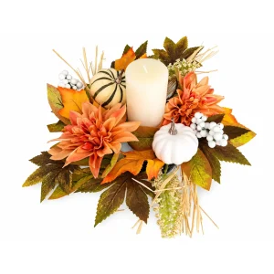 Fall Candle Ring Centerpiece with Pumpkins and Autumn Leaves-square Fall Candle Ring Centerpiece with Pumpkins and Autumn Leaves