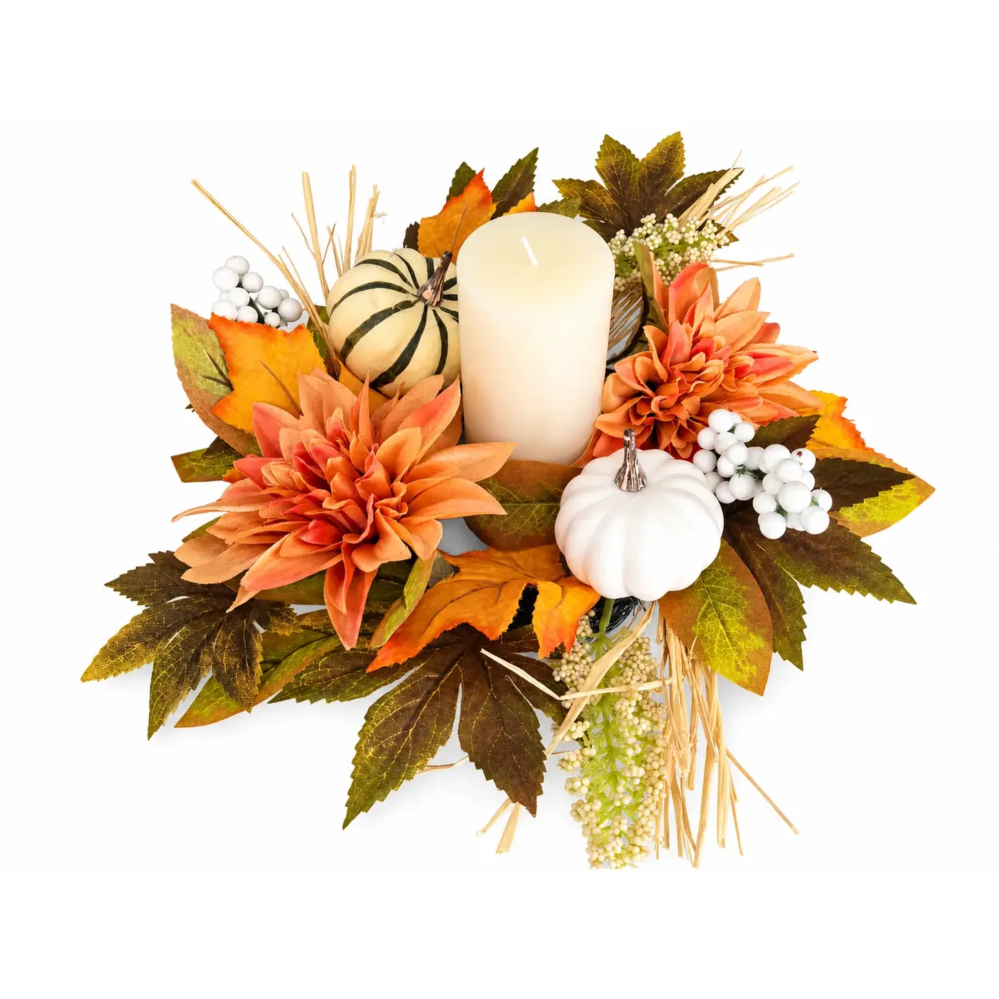 Fall Candle Ring Centerpiece with Pumpkins and Autumn Leaves-square Fall Candle Ring Centerpiece with Pumpkins and Autumn Leaves