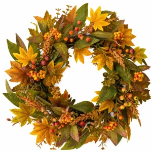 Fall Wreath with Maple Leaves Berries and Harvest Foliage Fall Wreath with Maple Leaves, Berries and Harvest Foliage