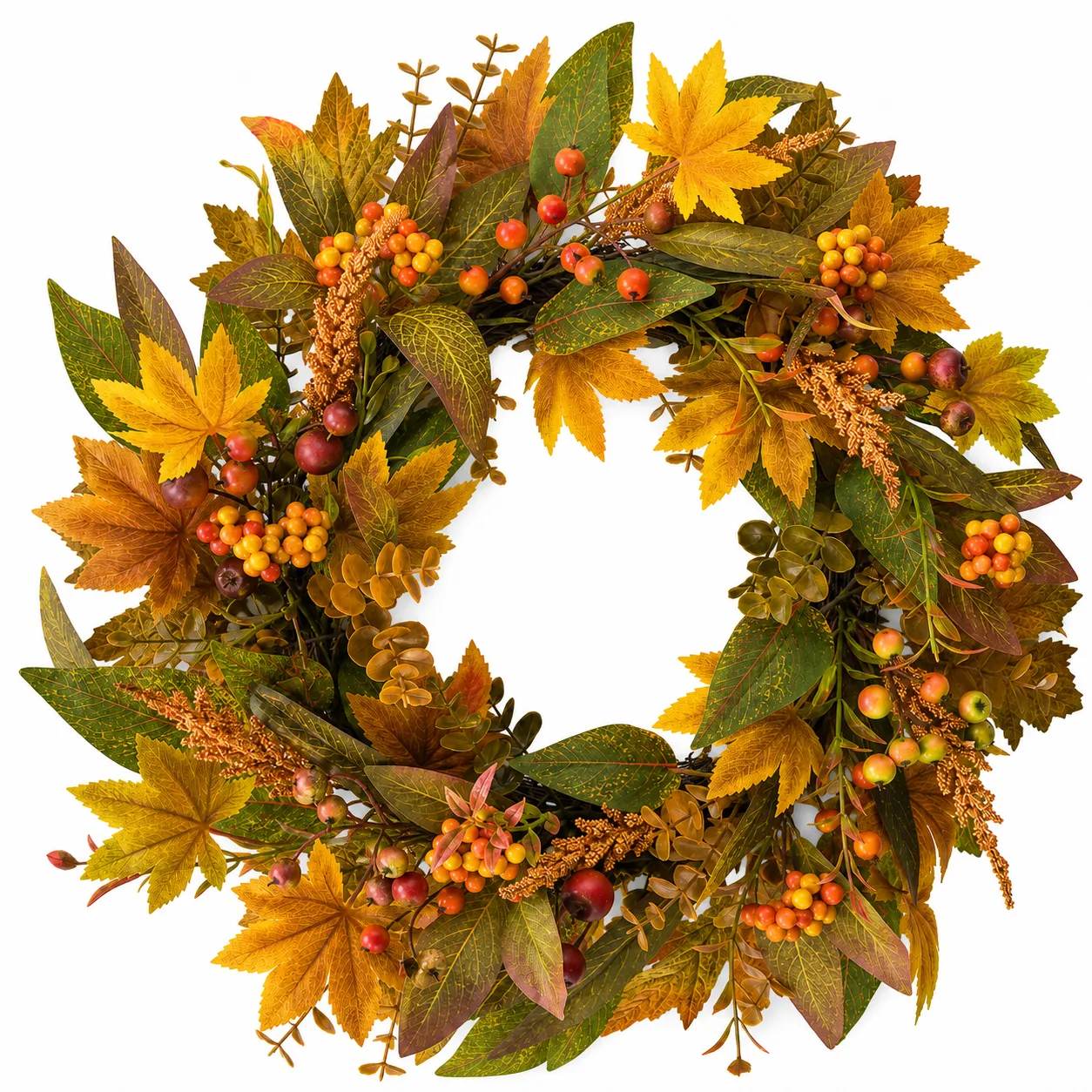 Fall Wreath with Maple Leaves Berries and Harvest Foliage Fall Wreath with Maple Leaves, Berries and Harvest Foliage