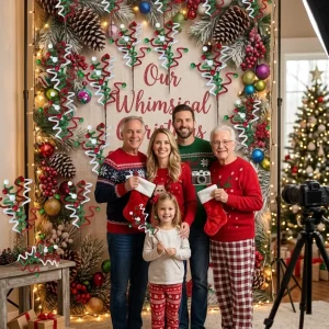Festive photo backdrop prop decoration incorporating whimsical Christmas glitter curly picks for family holiday portrait