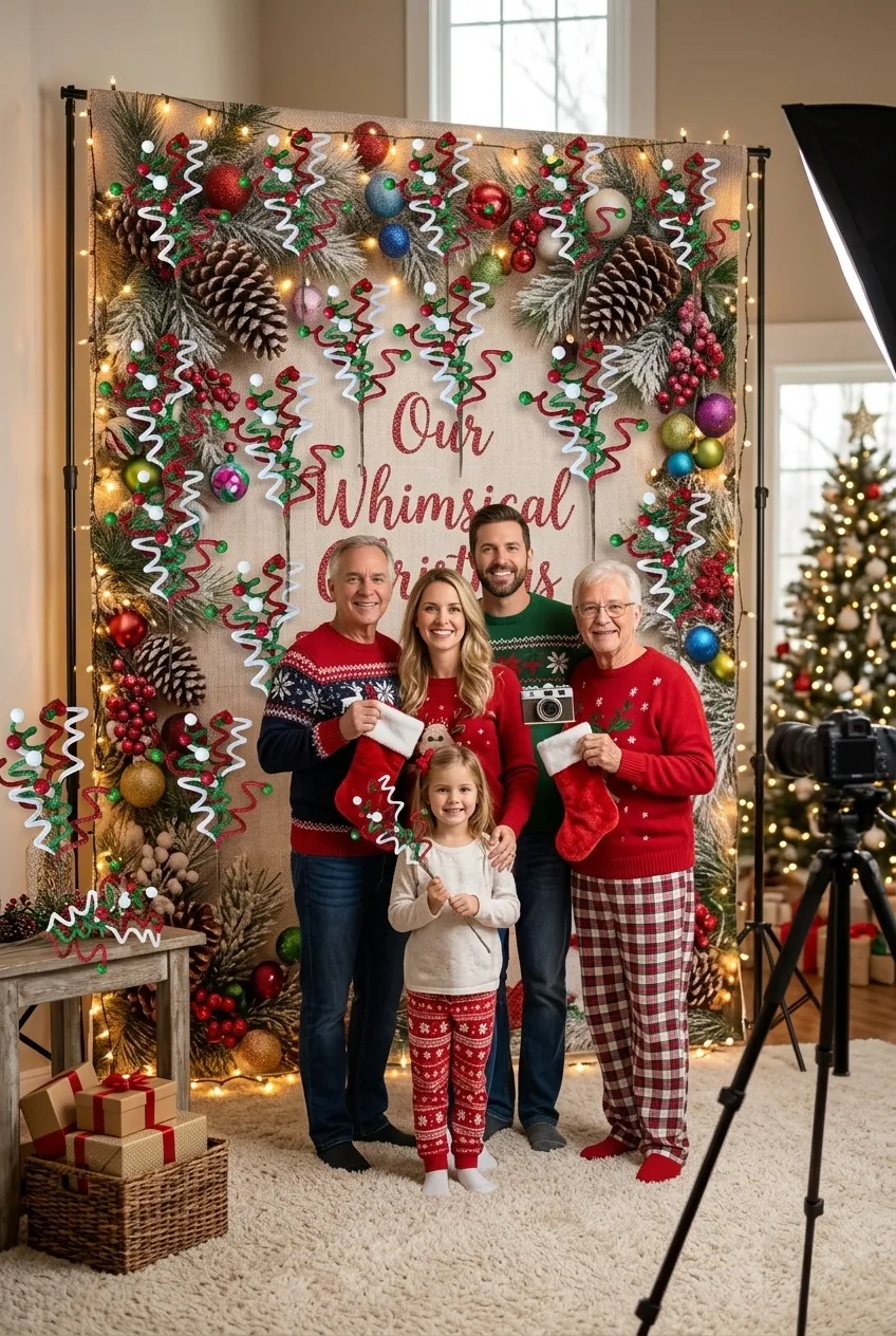 Festive photo backdrop prop decoration incorporating whimsical Christmas glitter curly picks for family holiday portrait