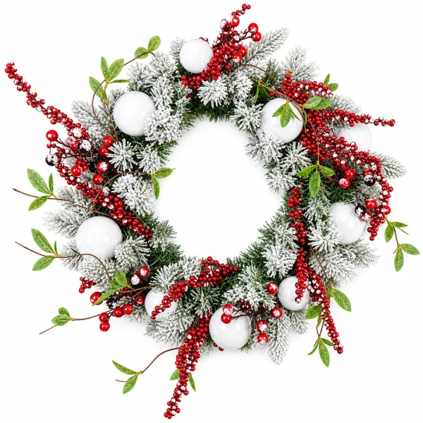 Flocked Christmas Wreath with Red Berries and White Ornaments 20" Flocked Christmas Wreath with Red Berries and White Ornaments