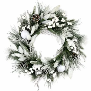 Flocked Silver and White Christmas Wreath with Pinecones