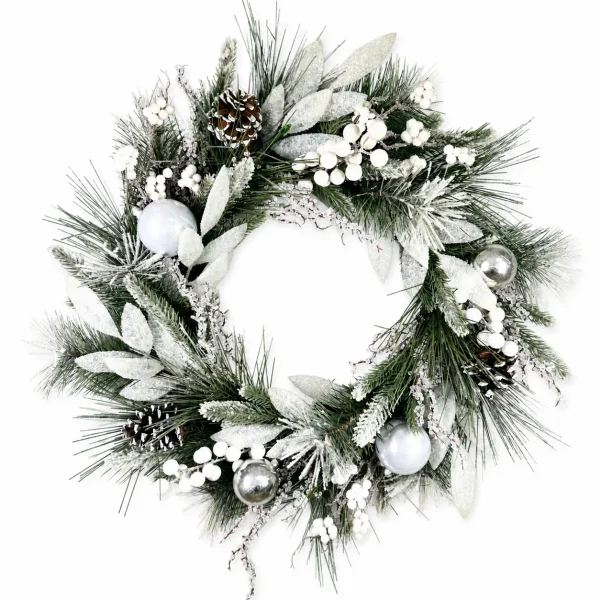 Flocked Silver and White Christmas Wreath with Pinecones Flocked Silver and White Christmas Wreath with Pinecones