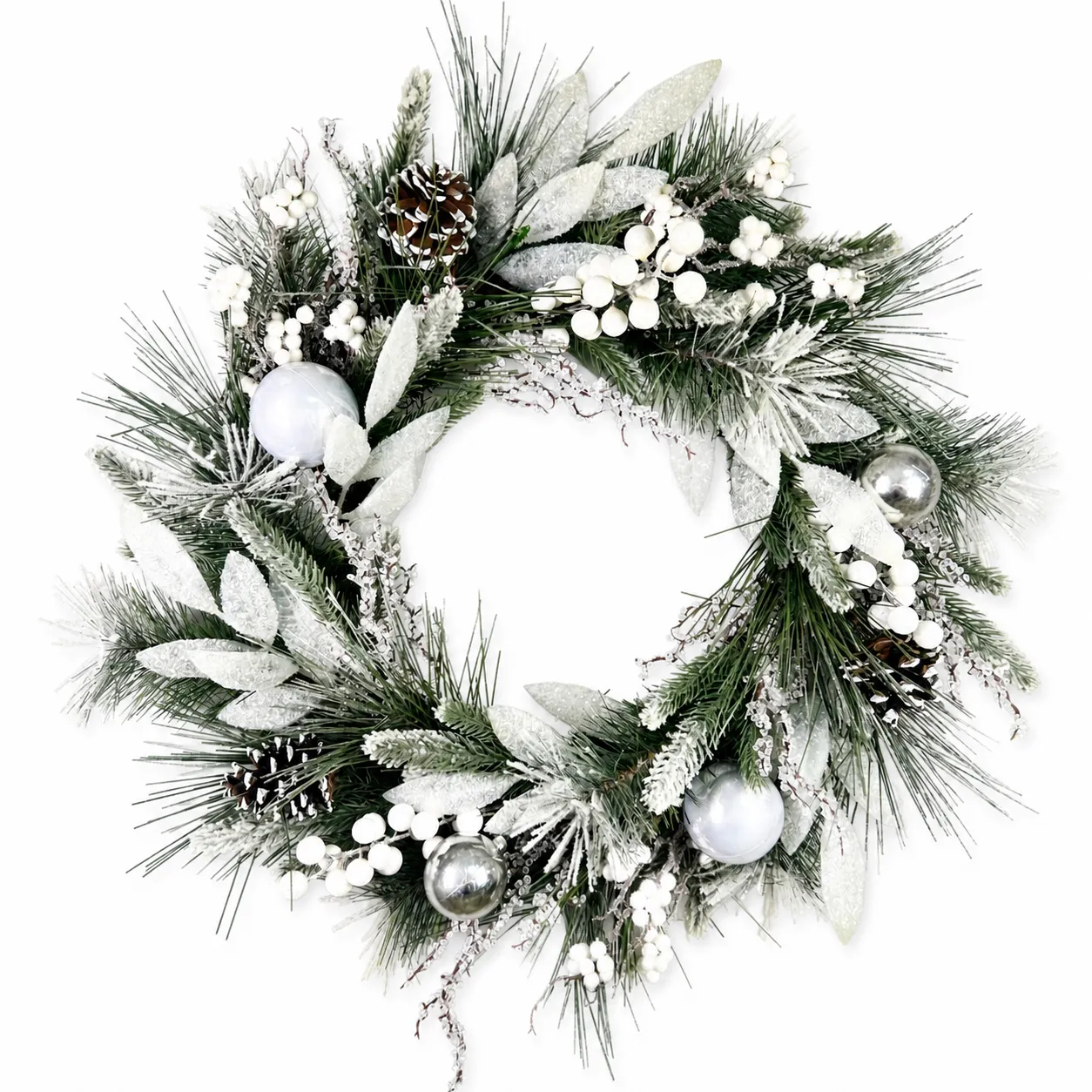 Flocked Silver and White Christmas Wreath with Pinecones Flocked Silver and White Christmas Wreath with Pinecones