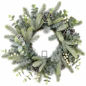 Frosted Christmas Wreath with White Berries and Pinecones