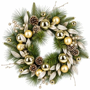 Gold Silver Christmas Wreath with Ornaments and Pinecones Gold Silver Christmas Wreath with Ornaments and Pinecones