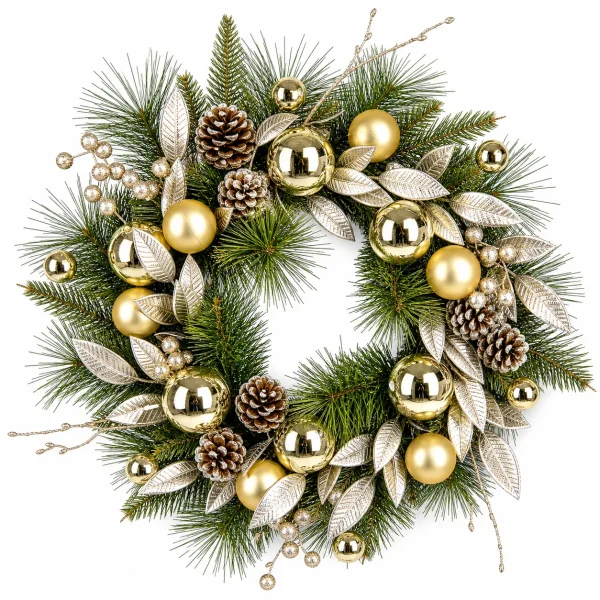 Gold Silver Christmas Wreath with Ornaments and Pinecones
