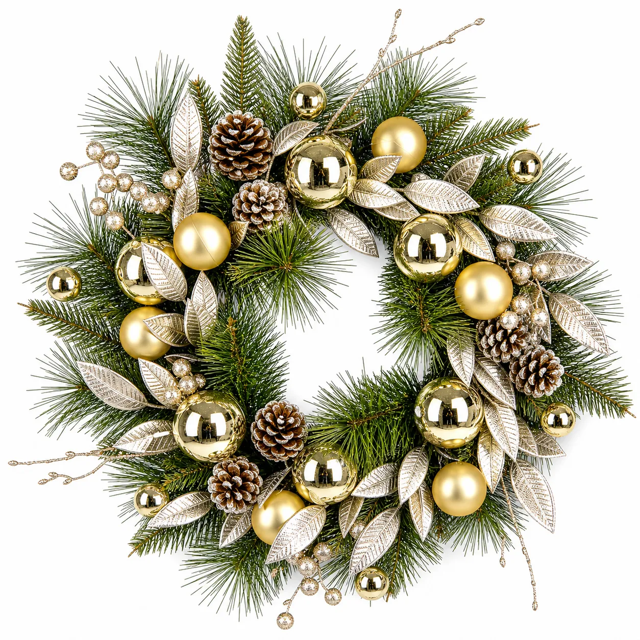 Gold Silver Christmas Wreath with Ornaments and Pinecones Gold Silver Christmas Wreath with Ornaments and Pinecones