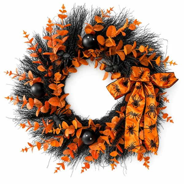 Halloween Wreath with Orange Spider Bow and Black Twig Base