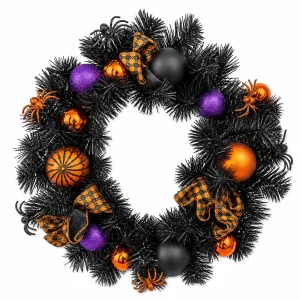 Halloween Wreath with Spiders, Orange and Purple Ornaments