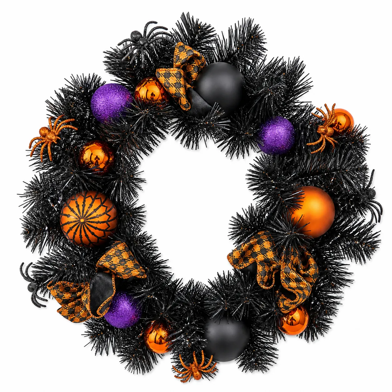 Halloween Wreath with Spiders Orange and Purple Ornaments Halloween Wreath with Spiders, Orange and Purple Ornaments