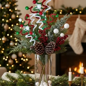 Holiday vase arrangements featuring 16.5 inch red green and white Christmas glitter curly picks with pinecones
