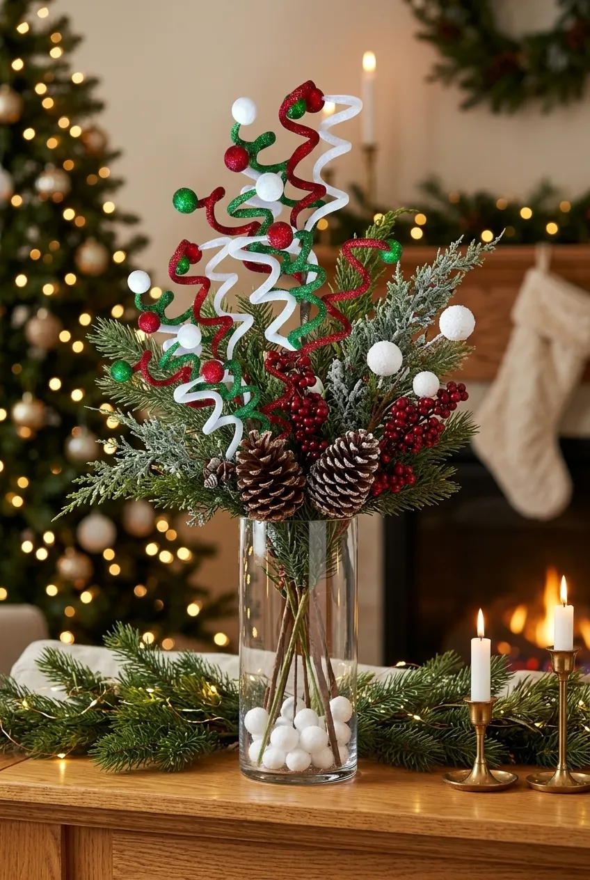 Holiday vase arrangements featuring 16.5 inch red green and white Christmas glitter curly picks with pinecones