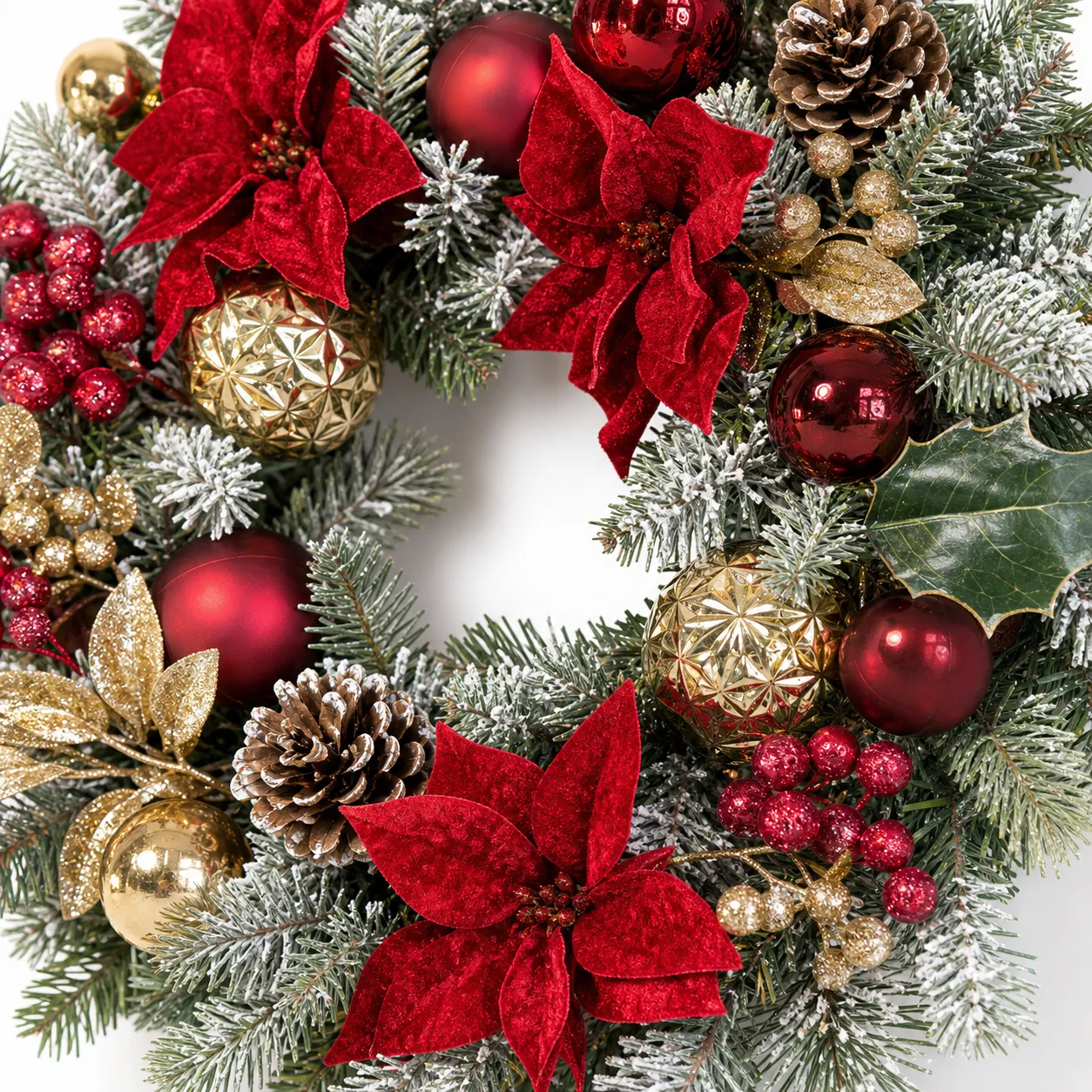 Luxury Red Gold Christmas Wreath-detail 20" Red Poinsettia Christmas Wreath with Gold Ornaments