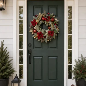 Luxury Red Gold Christmas Wreath-scene-1 20" Red Poinsettia Christmas Wreath with Gold Ornaments