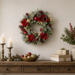 Luxury Red Gold Christmas Wreath-scene-2 20" Red Poinsettia Christmas Wreath with Gold Ornaments