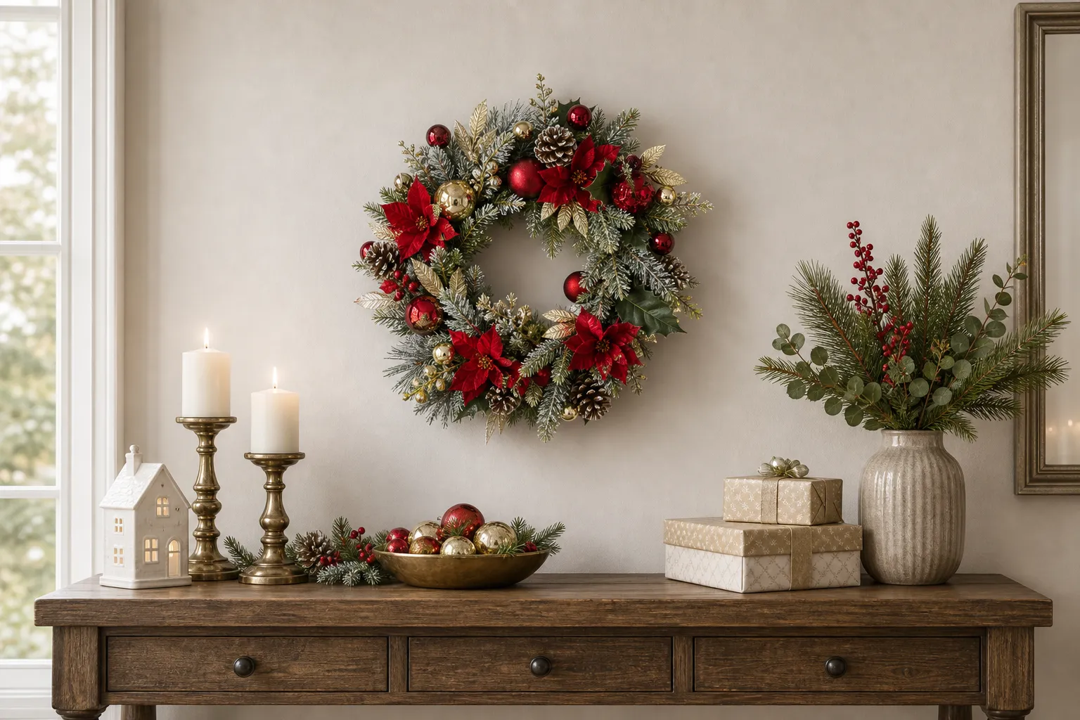 Luxury Red Gold Christmas Wreath-scene-2 20" Red Poinsettia Christmas Wreath with Gold Ornaments