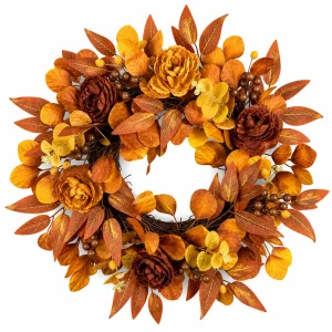 Orange Fall Wreath with Flowers and Autumn Leaves Orange Fall Wreath with Flowers and Autumn Leaves