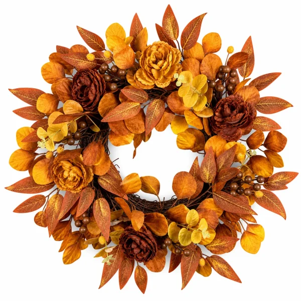 Orange Fall Wreath with Flowers and Autumn Leaves