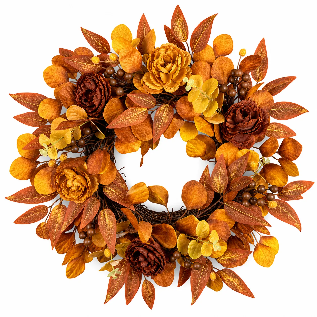 Orange Fall Wreath with Flowers and Autumn Leaves Orange Fall Wreath with Flowers and Autumn Leaves