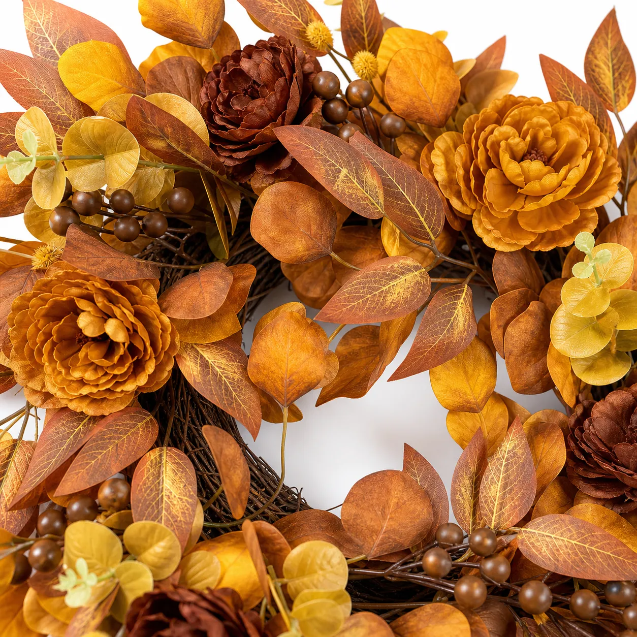 Orange Fall Wreath with Flowers and Autumn Leaves-detail Orange Fall Wreath with Flowers and Autumn Leaves