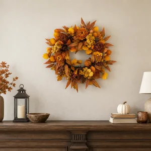 Orange Fall Wreath with Flowers and Autumn Leaves-scene-1 Orange Fall Wreath with Flowers and Autumn Leaves