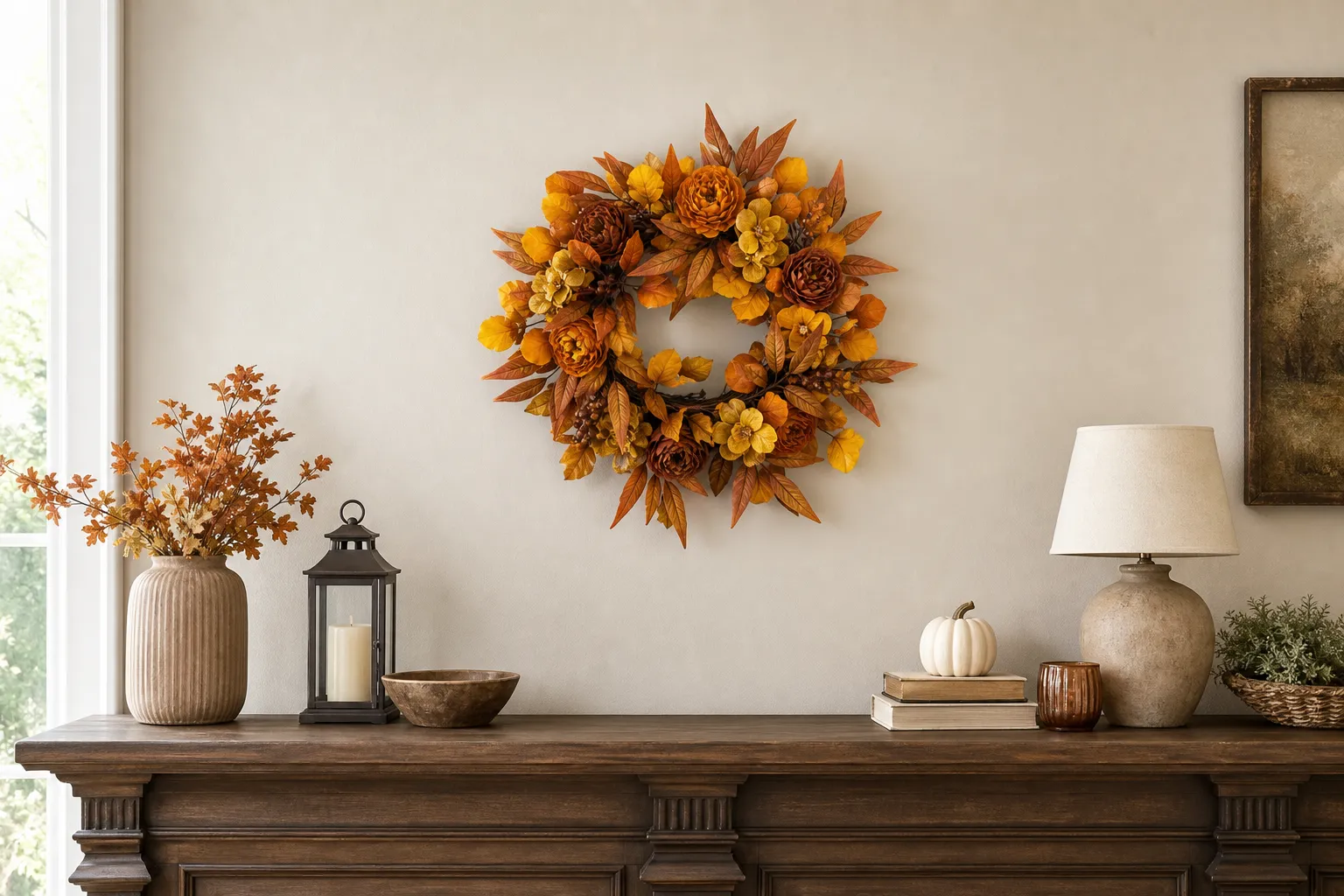 Orange Fall Wreath with Flowers and Autumn Leaves-scene-1 Orange Fall Wreath with Flowers and Autumn Leaves