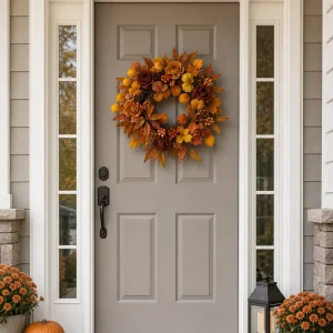 Orange Fall Wreath with Flowers and Autumn Leaves-scene-2 Orange Fall Wreath with Flowers and Autumn Leaves