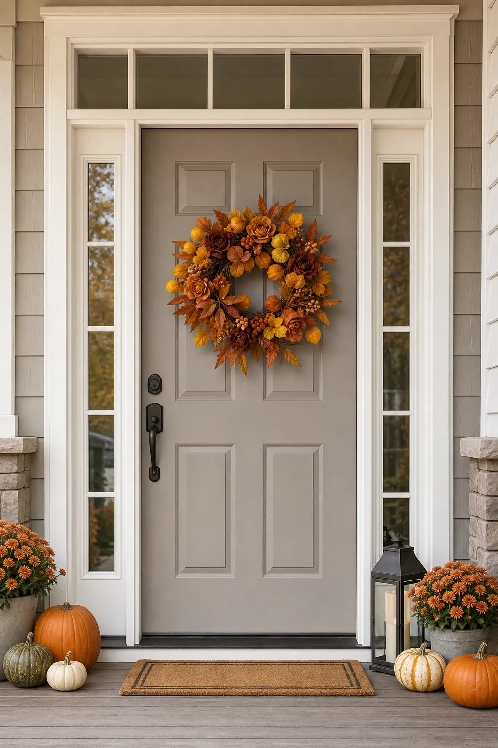 Orange Fall Wreath with Flowers and Autumn Leaves-scene-2 Orange Fall Wreath with Flowers and Autumn Leaves