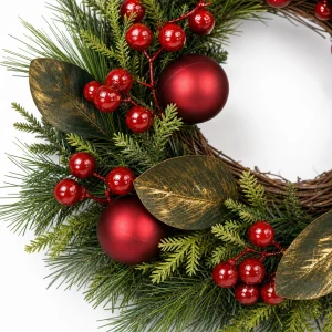 Red Berry Christmas Greenery Wreath-detail 16" Red Berry Christmas Wreath with Ornaments and Greenery