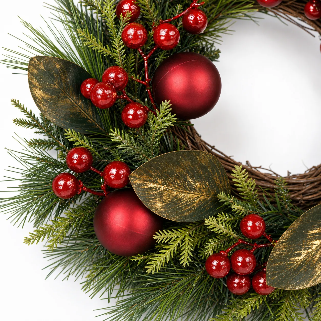 Red Berry Christmas Greenery Wreath-detail 16" Red Berry Christmas Wreath with Ornaments and Greenery