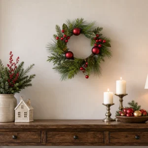 Red Berry Christmas Greenery Wreath-scene-1 16" Red Berry Christmas Wreath with Ornaments and Greenery
