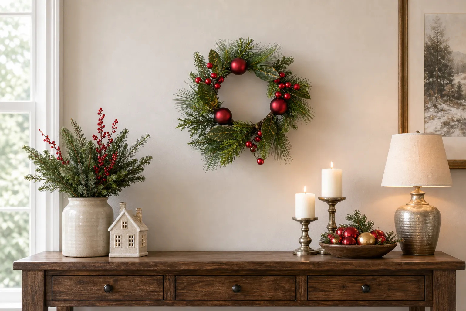 Red Berry Christmas Greenery Wreath-scene-1 16" Red Berry Christmas Wreath with Ornaments and Greenery