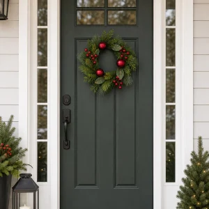 Red Berry Christmas Greenery Wreath-scene-2 16" Red Berry Christmas Wreath with Ornaments and Greenery