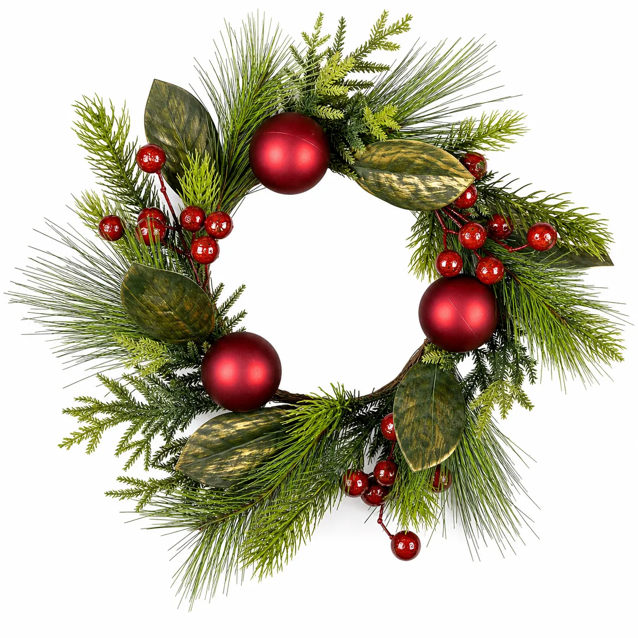 Red Berry Christmas Wreath with Ornaments and Greenery Red Berry Christmas Wreath with Ornaments and Greenery