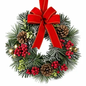Red Bow Christmas Wreath with Berries and Pinecones