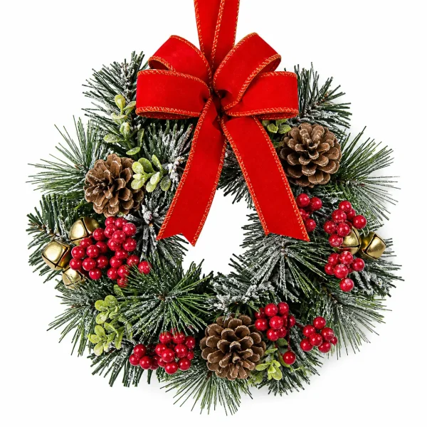 Red Bow Christmas Wreath with Berries and Pinecones Red Bow Christmas Wreath with Berries and Pinecones