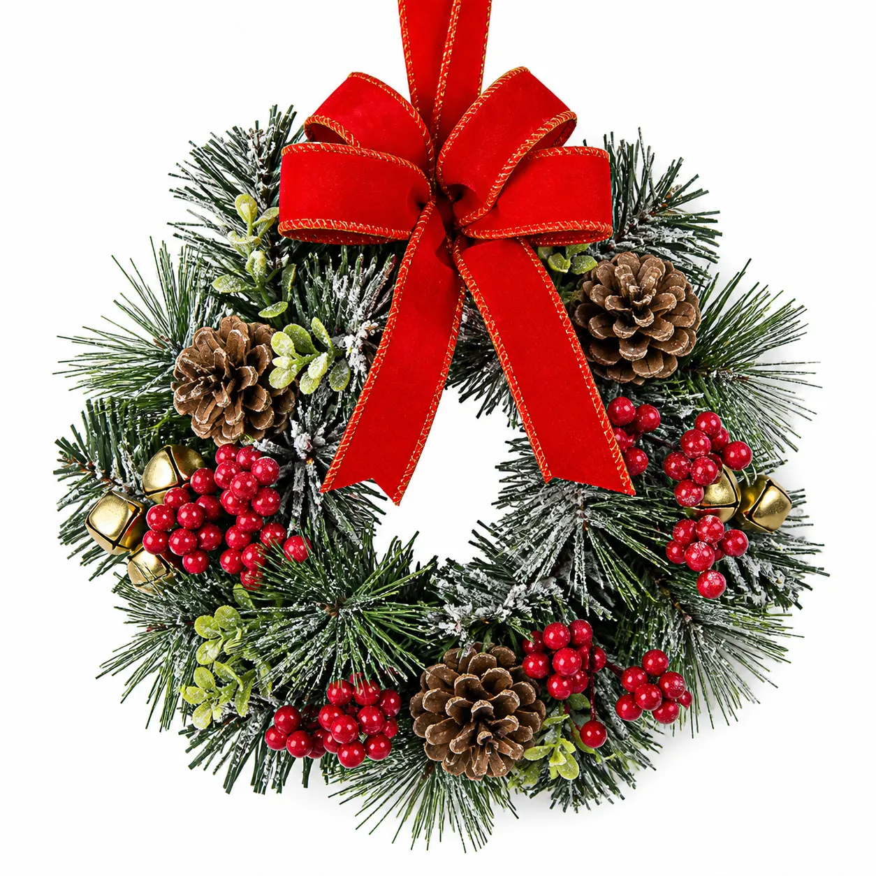 Red Bow Christmas Wreath with Berries and Pinecones Red Bow Christmas Wreath with Berries and Pinecones